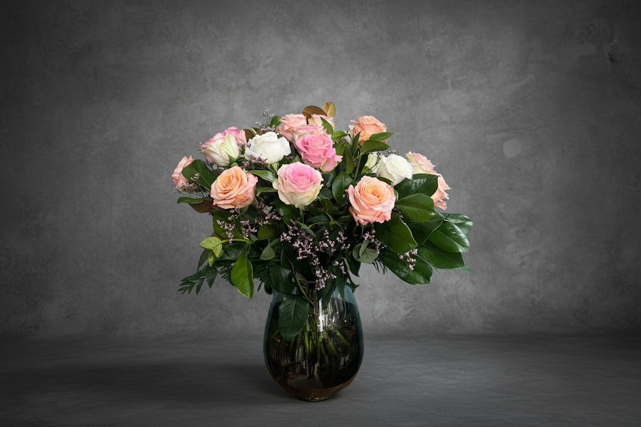 Elegance 24 Mixed Coloured Roses in Vase
